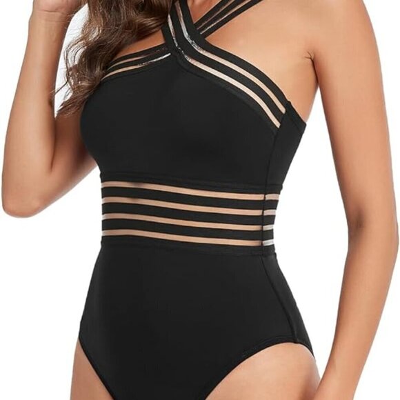 Hilor Women's One Piece Swimwear Front Crossover Black Size M - Picture 1 of 7